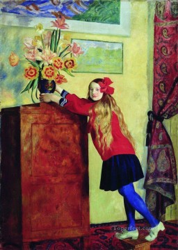 niña con flores 1917 Boris Mikhailovich Kustodiev hermosa mujer dama Pinturas al óleo